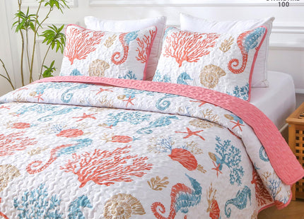 Heymybed Coastal Quilt Set Queen Size, 3 Pieces Pink Bedspread Coverlet with 2 Pillow Shams, Soft Microfiber Reversible Summer Beach Quilt Bedding Set for All Season 96"×90"