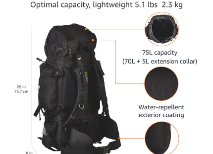 Amazon Basics Internal Frame Hiking Backpack for Camping and Backpacking, Adjustable Straps, Rainfly Included, 75 Liters, Black