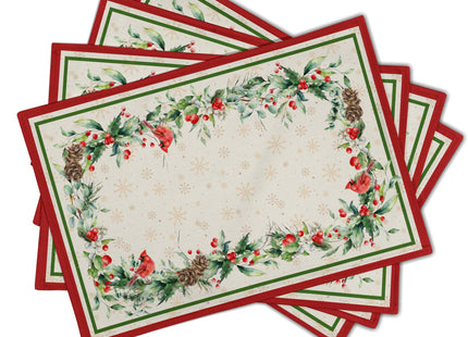 Winter Holly Branches Placemats Set of 4, Xmas Red Birds Pine Cone Dining Table Place Mats Linen Fabric Desk Top 12 x 18 Inch for Seasonal Holiday Home Kitchen Decor
