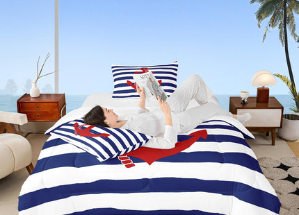 Nautical Anchor Comforter Set Queen,Geometric Stripes Duvet Insert Ocean Adventure Theme Quilted Duvet Set Navy Blue and Red Bedding Set 3pcs for Kids Girls Teens Boys Room Decor with 2 Pillowcases