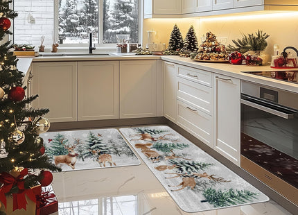 Baccessor Christmas Winter Kitchen Rugs Set of 2, Snowy Pine Tree Deer Cardinal Snowflakes Kitchen Mats Washable Non Slip Rubber Backing Xmas Farmhouse Home Floor Holiday Indoor Laundry Decor