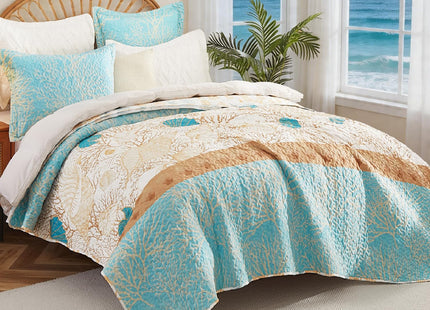 3 Pieces Coastal Quilt Sets King Size-Ocean Theme Coral Shell Starfish Conch Pattern Printed Quilt,Reversible Beach Bedding Set,Summer Soft Lightweight Nautical Bedspread Coverlet(King 106"x96")