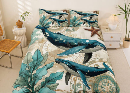 Whale Duvet Cover Queen,Nautical Coastal Comforter Cover,3D Whale Print Decorative Bedding Retro Marine Life Quilt Cover Teal Sea Animal Bedding Sets Ocean Park Theme Bedspreads Cover Kids Boys Girls