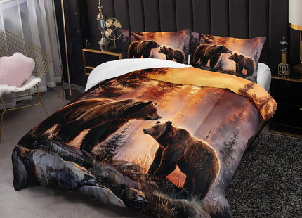 Rustic Brown Bear Comforter 3Pcs Twin Wild Hunting Animal Bear Bedding Set