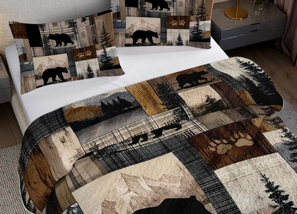 XYNHML Rustic Black Bear Quilts Bedding Twin 3Pcs Wildlife Bear Forest Pine Quilt Bed Set Retro Patchwork Grid Lightweight Bedspread Coverlet with 2 Pillowcases for Kid Boy Girl Teen Adult Bed Decor