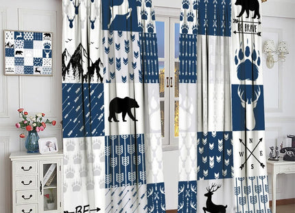 INSFBRB Rustic Deer Bear Blackout Curtains,Retro Cabin Hunting Theme Forest Wildlife Blue Plaid Check Window Drapes - Thermal Insulated and Noise Reduction,2 Panels 45L x 21W Room Darkening Curtains