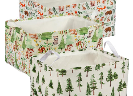 3 Pack Woodland Rectangle Storage Basket Green Forest Animals Shefl Basket Collapsible Bin for Nursery Closet Shelves Bedroom (Woodland)