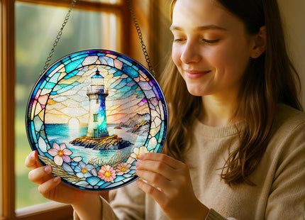 Stained Glass Window Hanging, Pauyadu Lighthouse Sun Catchers, Stained Glass Suncatcher, Lighthouse Decor Gifts for Women, Men, Lovers, Friend, Family and Partners- 8 Inch