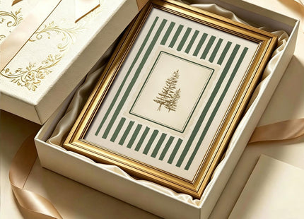 Vintage Gold Framed Wall Art Green Striped Pine Tree Botanical Canvas Print