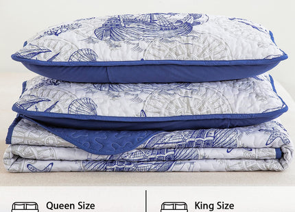 DJY Ocean Coastal Quilt King Size, 3 Pcs Seahorse Bedspread Coverlet Set