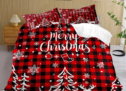 LUVIVIHOME 3PCS Christmas Comforter Set Full Size, Plaid Bedding, Red and Black Buffalo Check Snowflake Forest Deer Merry Christmas Bedroom Decor, Soft Microfiber Quilt, Xmas Gifts, 2 Pillow Cases