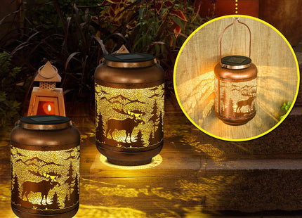 Flutesan Moose Solar Lantern Outdoor Waterproof Hanging Light Moose Solar Light Gift for Women Men Xmas Metal Decorative LED Lanterns for Garden Patio Porch Tabletop Landscape