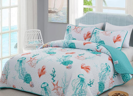 DJY Coral Jellyfish Quilt Queen Size Coastal Beach Bedspread Coverlet Set