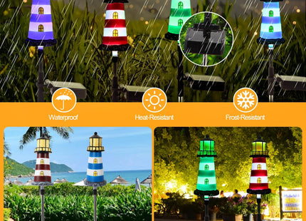 BEIDOULU 2 Pack Solar Lighthouse Lights, IP65 Waterproof Outdoor Pathway Stake Lights, Auto Dusk to Dawn Solar Powered Nautical Landscape Decor Lights for Lawn, Flower Bed, Patio, Walkway