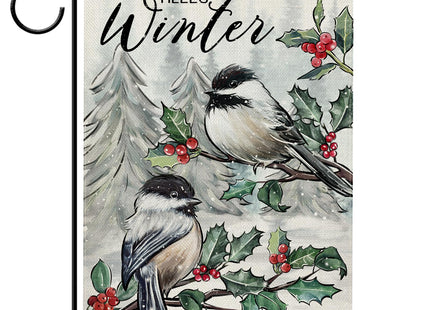 Hzppyz Hello Winter Chickadee Birds Garden Flag Double Sided, Red Berries Pine Tree Branch Farmhouse Decorative Yard Outdoor Home Small Decor, Snowy Forest Christmas Outside House Decoration 12 x 18