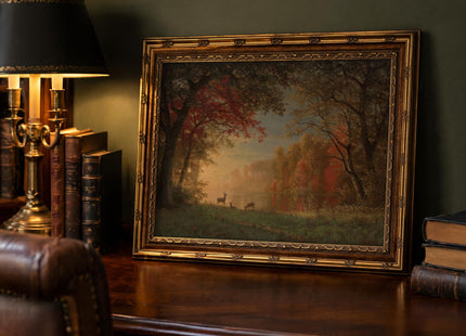 UAWRL Vintage Framed Fall Forest Deer Wildlife Landscape Canvas Wall Art