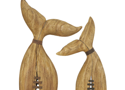 Deco 79 Teak Wood Whale Handmade Decorative Sculpture Tail Live Edge Home Decor Statues with Intricate Carvings, Set of 3 Accent Figurines 23", 18", 16"H, Brown