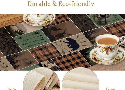 Rustic Country Cabin Hunting Moose Table Runner,Retro Green Patchwork Bear Deer Hunting Wild Animal Plaid Checkered for Kitchen Dining Room 13x72 in