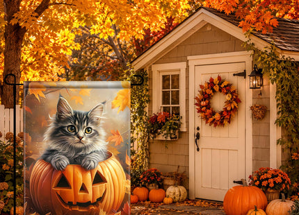 BlissYard Halloween Garden Flag 12x18Inch Maine Coon Cat Pumpkin Fall Decor