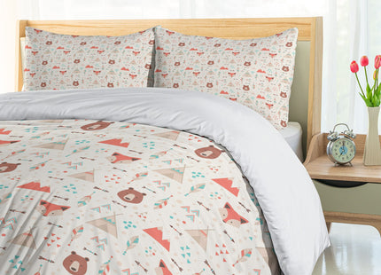 Ambesonne Tribal Duvet Cover Set, Prehistoric Fox Arrows Bear Lodge Houses Feather Graphic, Decorative 3 Piece Bedding Set with 2 Pillow Shams, King Size, Salmon Amber White