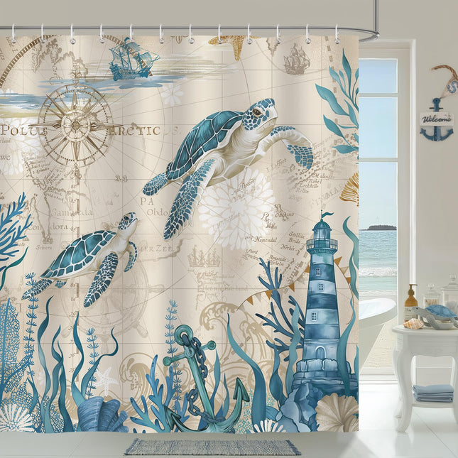 Bonhause Nautical Sea Turtle Shower Curtain, Vintage Coastal Lighthouse Compass Funny Ocean Bathroom Decor 72 x 72 Inch Polyester Fabric Waterproof Bath Curtain with 12 Hooks