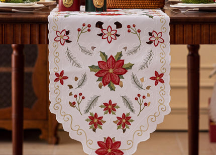 Joyfol Day Christmas Florals Table Runner 14 x 33 Inch, Embroidered Cutwork Poinsettia Holly Leaves Table Runners, Winter Holiday Flowers Tabletop for Xmas Party Decorations