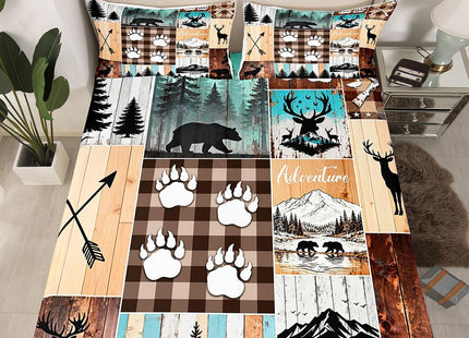Rustic Farmhouse Fitted Sheet Twin for Adult Women Wild Animal Deer Bear Print Bedding,Hunting and Fishing Theme Camping Bed Sheets for Boy Girl Kid Patchwork Bed Set Old Barn Door Bedding