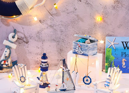 7 Pieces Wooden Box Wooden Lighthouse Mini Sailboat Anchor Fish Hanging Starfish Model Spring Summer Easter Tree Ornament Decoration Aquarium Decor Landscape Tank Ornament Office Mini Garden Landscape
