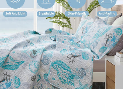 Hailea Beach Quilt Set King Size Coastal Bedding Lightweight Reversible Quilts Nautical Bedspreads Beach Theme Coverlet Set Conch Coral Shell Printed Comforter Set with 2 Pillow Shams
