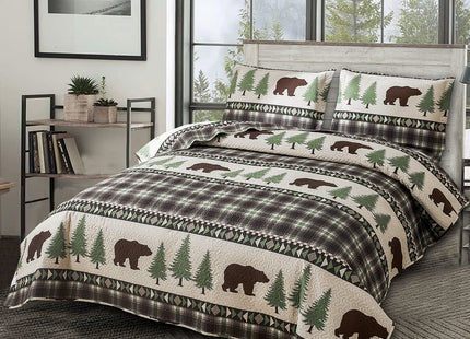 Quilt Set Twin Size Rustic Bedding Lodge Bed Quilts Twin Plaid Quilt Bed Spread Country Cabin Brown Bear Twin Quilt Bedding Lightweight Reversible Quilts Home Bedspread Coverlet with 2 Pillow Shams