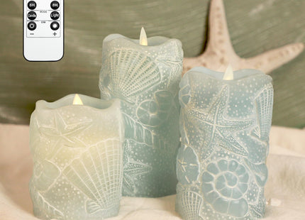 MELTONE Ocean Decor Fireplace Candles Remote: Shell Starfish Decals Real Wax LED Battery Operated Candles for Home Party Christmas Bedroom Nautical Room Decorations - Set of 3