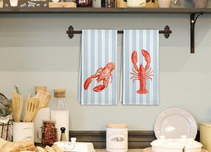 cvjutf Coastal Red Lobster Crawfish Kitchen Towels Set of 2, Beach Preppy Decor Dish Towel, East Coast Beachy Blue Striped Decor Hand Tea Towels for Bathroom Kitchen, Maine Lobster Gifts, 16x24 Inch