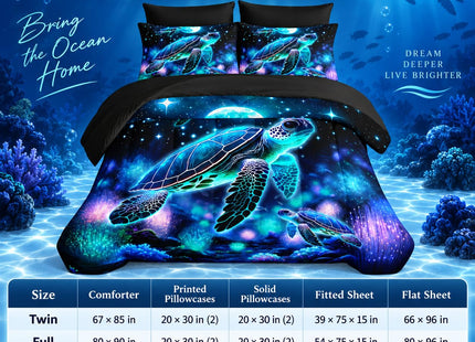 AILONEN Blue Turtle Comforter Set Twin Size,7-Piece Soft Bed in a Bag,Fairy Ocean Sea Turtle Comforter & Fitted Sheet with Flat Sheet & 2 Pillowcases,2 Pillow Shams for Bedroom