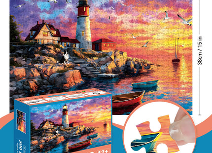 ZHISEOYI 500 Piece Jigsaw Puzzle for Adults, Lighthouse Sunset Ocean Scene with Dog and Seagull, Seascape Puzzle for Game Nights and Home Decor, 20.5 x 15 in