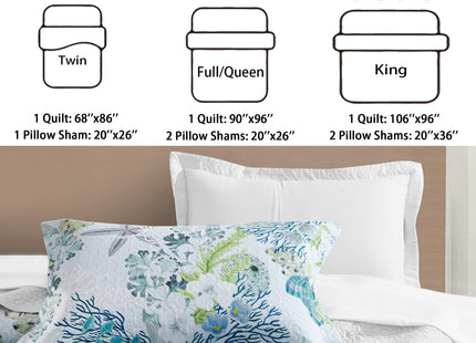 Tritard 3 Piece Coastal Beach Quilt Set King Size Ocean Beach Themed Bedding Set Microfiber Lightweight Bedspread Coverlet with 2 Shams Starfish Coral Seashell Bed Covers for All Season, 106''x96''
