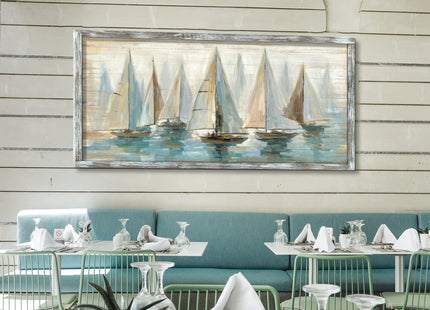 Ocean Pictures Wall Art Framed: Beach Seaside Artwork Coastal Sailboat Art on Wooden Seascape Painting for Living Room(60x30)