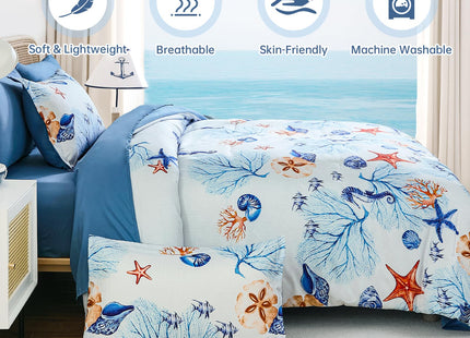 Coastal King Size Comforter Set,Beach Themed Sand Dollor & Starfish