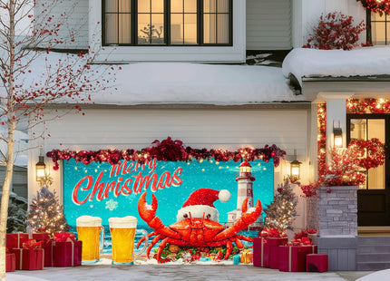 IVN Christmas Garage Door Banner 13x6 ft Merry Christmas Garage Door Cover Santa Crab Lighthouse Winter Coastal Home Door Front Yard Decor for Xmas Eve Holiday Outdoor