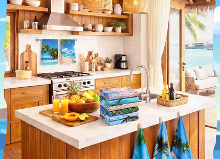 Breling 6 Pack Coastal Kitchen Towels Summer Beach Palm Trees 14x21 Inch
