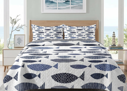 Pamnest Queen Quilt Set, 3 Pieces Coastal Fish Bedding, Bedspread