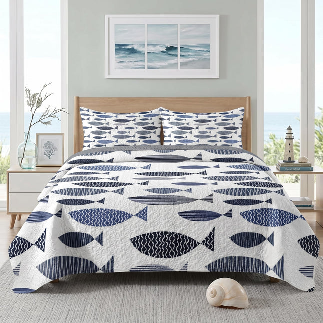 Pamnest Queen Quilt Set, 3 Pieces Coastal Fish Bedding, Bedspread