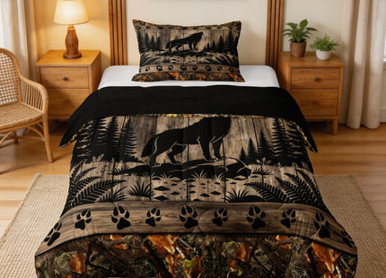 Feelyou Farmhouse Wolf Kids Comforter Set Twin Size Camo Woodland Hunting Bedding Set Rustic Cabin Duvet Quilt for Kids Boys Girls Bedroom Wildlife Animal Decor Microfiber Ultra Soft Breathable