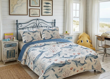 Coastal Quilt Sets Queen Size - Reversible Microfiber Blue Whale Ocean Style Quilts with 2 Shams Soft Lightweight Beach Bedding Nautical Bedspread Coverlet Summer Comforter for All Season