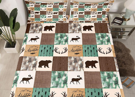Rustic Patchwork Sheet Set, Bear Moose Fitted Sheet Twin For Kids Boys Teens Adult, Farmhouse Hunting Deer Bed Sheet Boho Arrows Buffalo Plaid Flat Sheet 3 Pieces With 1 Pillow Case, Brown Green