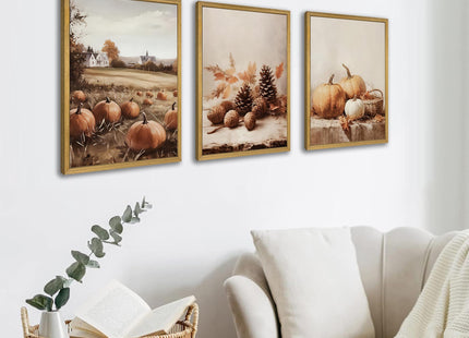 3-piece Framed Autumn Pumpkin Canvas Wall Art, Rustic Farmhouse Fall Harvest Pumpkin Pinecone Acorn Print Picture, Thanksgiving Country Landscape Wall Decor for Living Room Kitchen Bedroom 12x16 inch