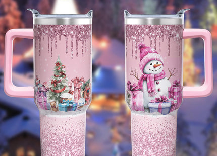 ZNYYZYBA 40 oz Christmas Tumbler with Handle and Straw, Stainless Steel Insulated Snowman Tumbler 40 oz, Reusable Pink Snowman Cup with Leak Proof Lid, Christmas Gifts for Women