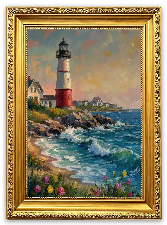 Vintage Gold Framed Canvas Wall Art, Coastal Lighthouse Painting Picture Wall Decor, Ocean Seascape Poster Print Artwork for Living Room, Bedroom, Sea view room, Sea Cabin, Home Decoration 12x16in