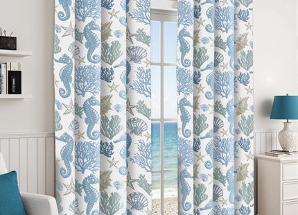 Coastal Seahorse Curtains, Grommet Window Panels, 52 x 96 Inch, 2 Panels