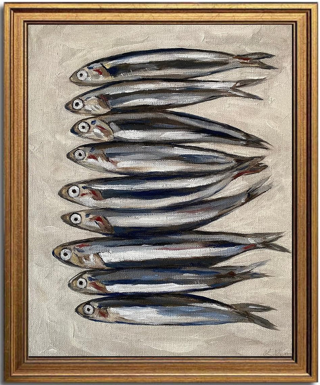 KBKBART Coastal Sardine Wall Art Gold Framed Nautical Fish Prints 8x10in