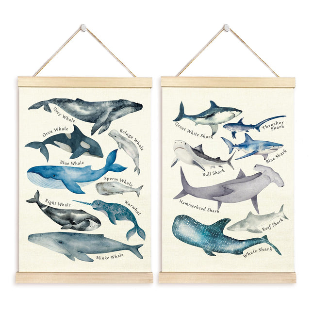 TAEDIN Ocean Animal Chart Wall Art Poster Hanger Frame Set of 2 - Shark Whale Wall Decor with Wood Frames, Coastal Nautical Decor for Bathroom Home Classroom Lake House, 16x24 Inches